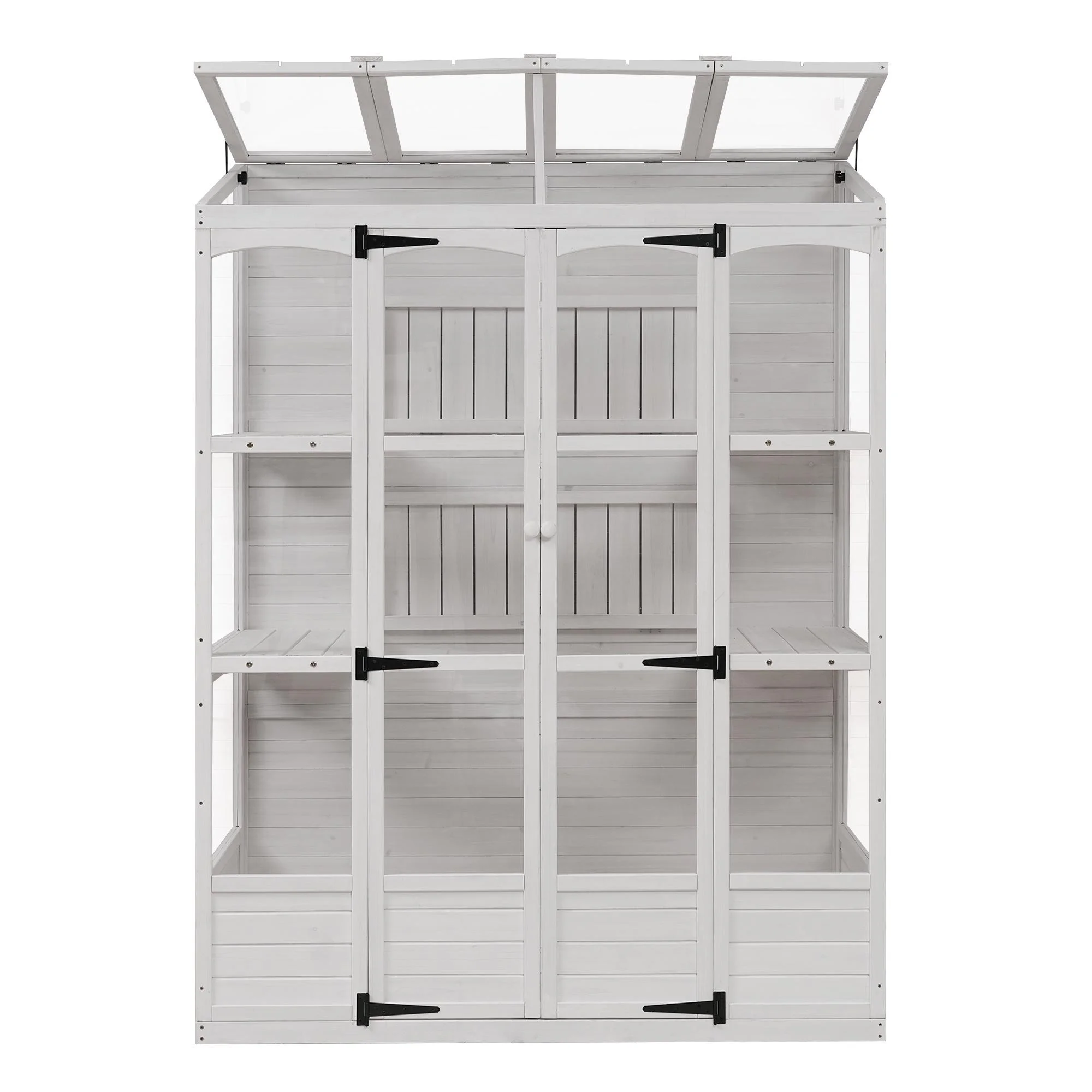 57.9"W x 29.1"D x 78.1"H Large Greenhouses for Outdoors Indoor, Wood Frame Polycarbonate Garden Greenhouse with Folding Shelves and Windows, White