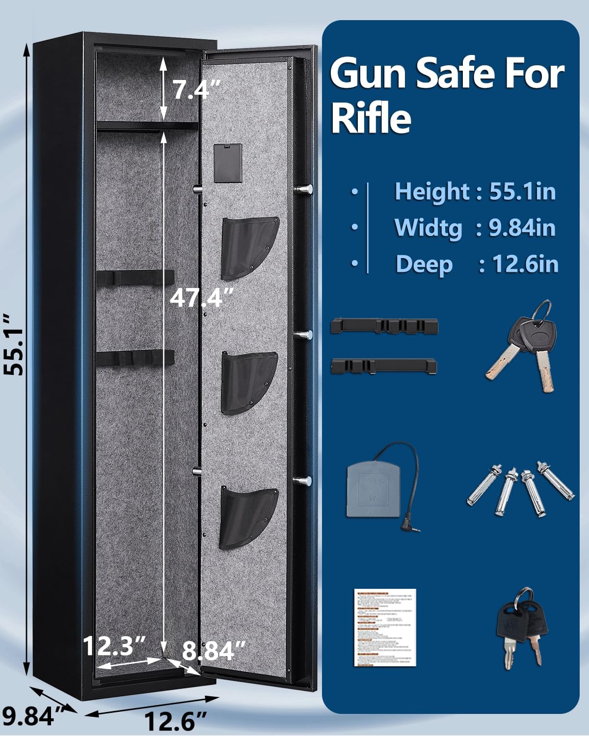6-5 Gun safe,Gun Safes for Home Rifle and Pistols,Quick Access Rifle safe,Gun Cabinets for Rifles and Shotguns with Adjustable Rifle Rack,Pockets and Shelf