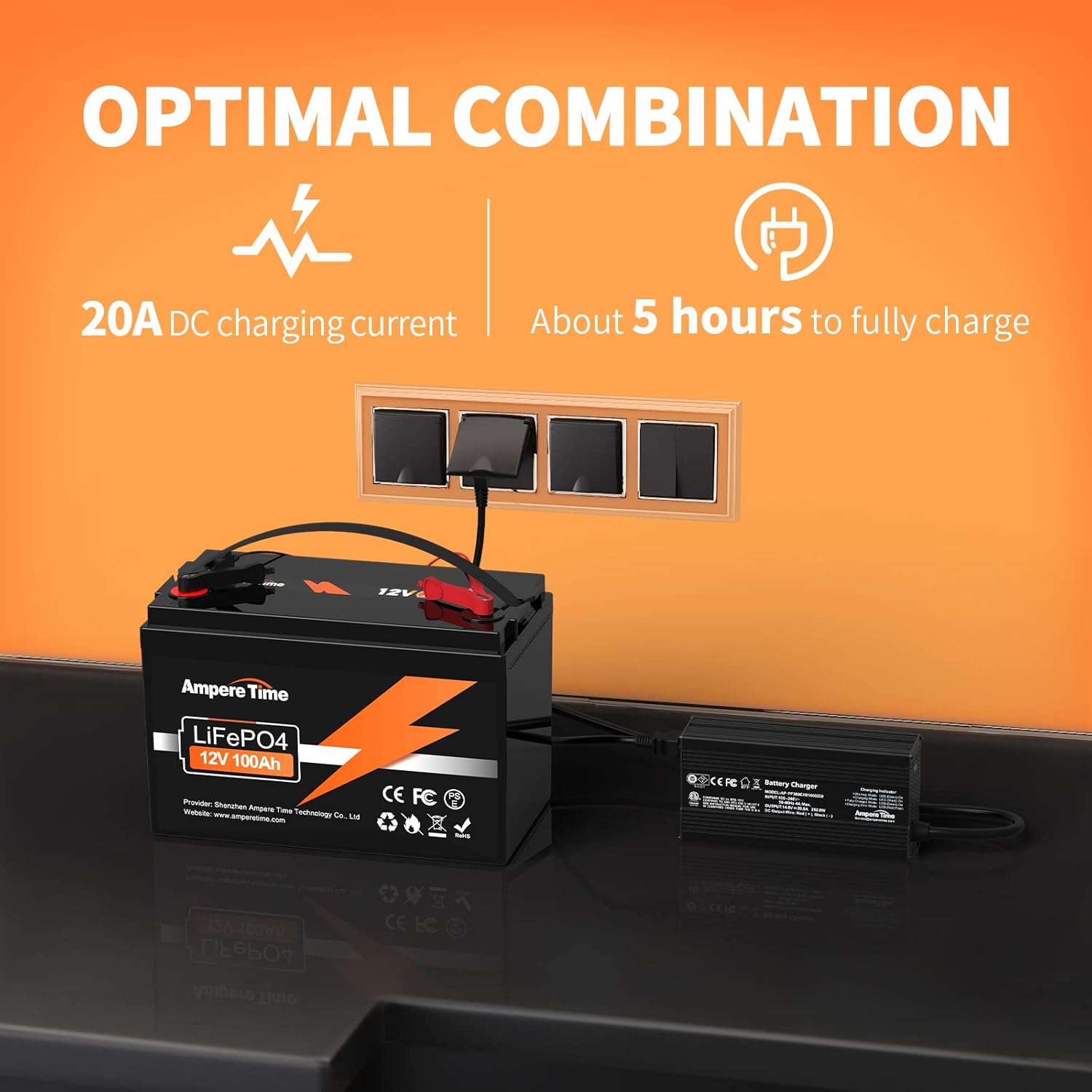 Ampere Time 12V 200Ah LiFePO4 Battery with 14.6V 20A Dedicated Lithium Battery Charger; Built-in 200A BMS, 4000+ Cycles, Perfect for RV, Solar, Marine, Overland, Off-Grid Application��