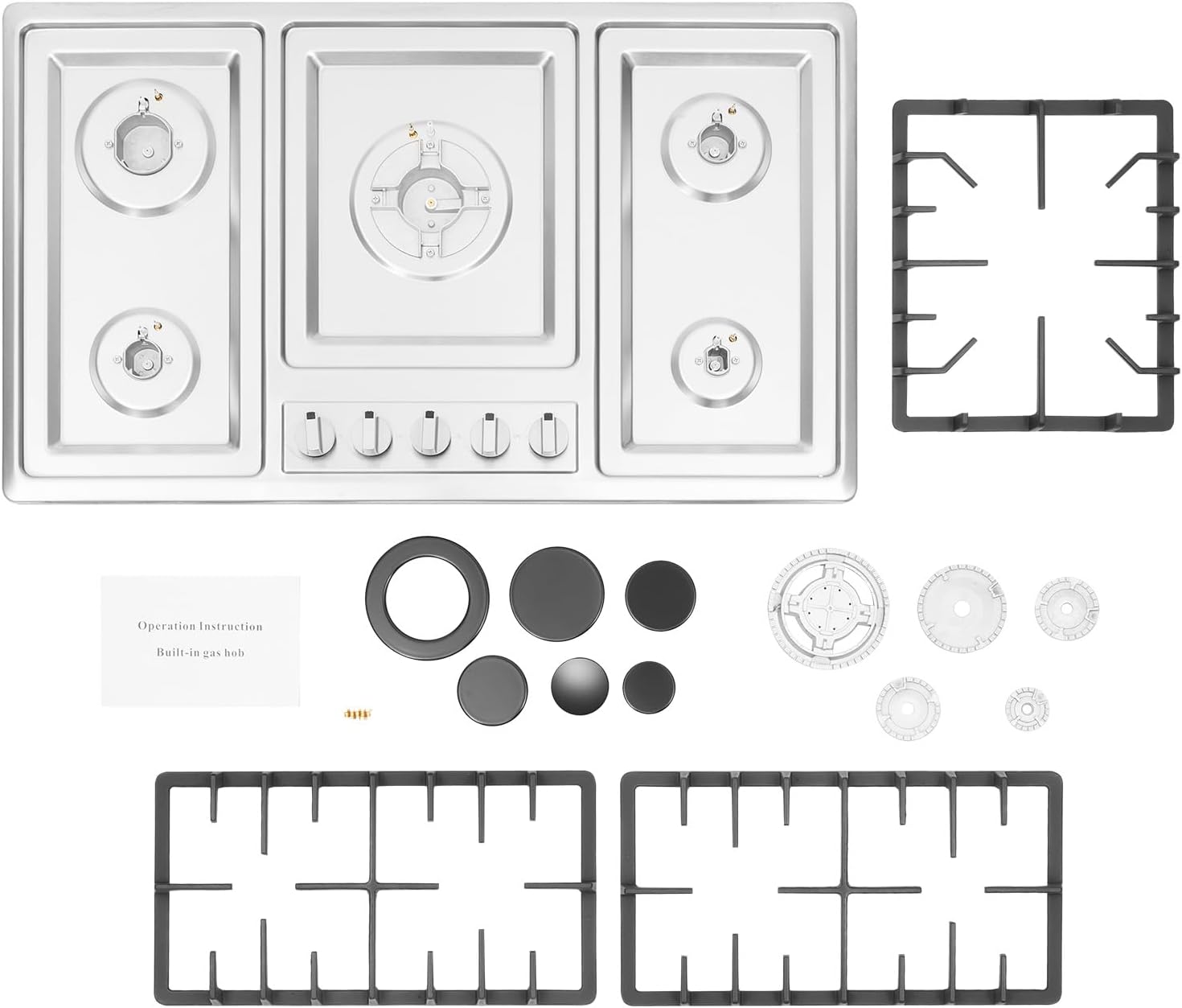 Gas Cooktop 34 inch 5 Burners, Built-in Gas Stove Top Five Different Powered Burners, NG/LPG Convertible Dual Fuel Automatic Flame Failure Protection Device Fully Enclosed Stainless Steel Panel.