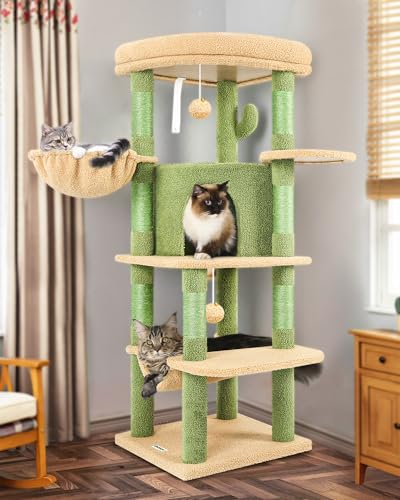 Globlazer Corner Cat Tree for Large Cats, 66inch Tall Curved Series Large Cat Tower for Multiple Indoor Cats with 6 Scratching Posts, 2 Spacious Cat Condos, Hammock, Hanging Basket, C66, Beige