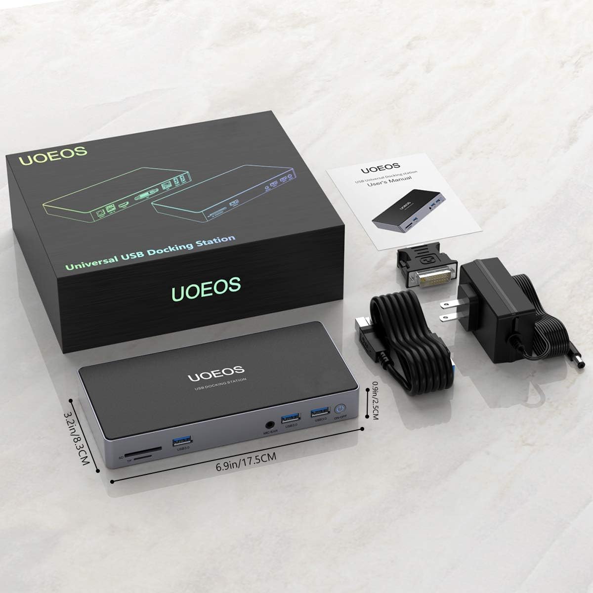 UOEOS USB 3.0 Universal Docking Station Dual Monitor for Windows, Chrome OS, Mac OS USB 3.0 HUB HDMI and DVI 3.5mm Audio Jack Port, SD TF Card Reader, Gigabit Ethernet, Audio&Mic,laptop docking sation