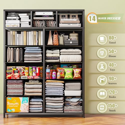 EnHomee Pink Dresser, Tall Dresser with 14 Drawers, Large Bedroom Dressers & Chests of Drawers with Sturdy Metal Frame and Wooden Top, Fabric Dresser for Bedroom, Closet, Living Room, Hallway, Pink