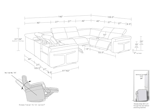 Riccardo 8-Piece Italian Leather U Shaped Sectional Couch with 4-Power Reclining Sofa Seats, Adjustable Headrests, and USB Chargers, Wall Hugger for Small Spaces, Dark Grey