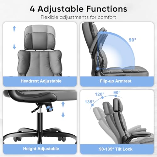 Executive Leather Office Chair, Computer Chair with Thick Cushion & Lumbar Support, Ergonomic Desk Chair with Adjustable Headrest & Armrests,Black