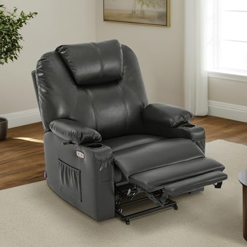 MCombo Power Lift Recliner Chair for Elderly, Lift Chair with Heat and Massage, FSC Certified, USB Ports, Cup Holders, Faux Leather 7040 (Black, Medium)