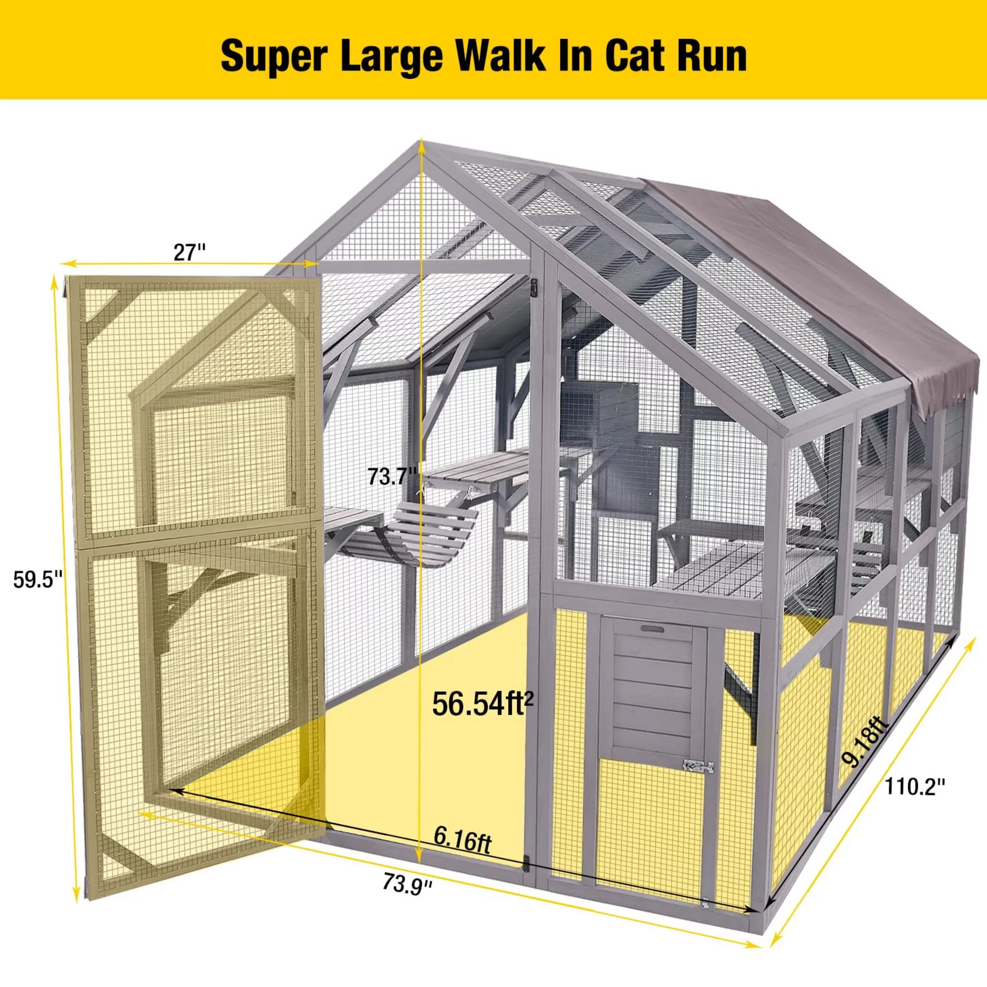 Morgete 110'' Extra Large Cat House Outdoor Walk-in Enclosure Wooden Catio Cage with Bridges, Platforms, Rest Rooms, Roof Cover