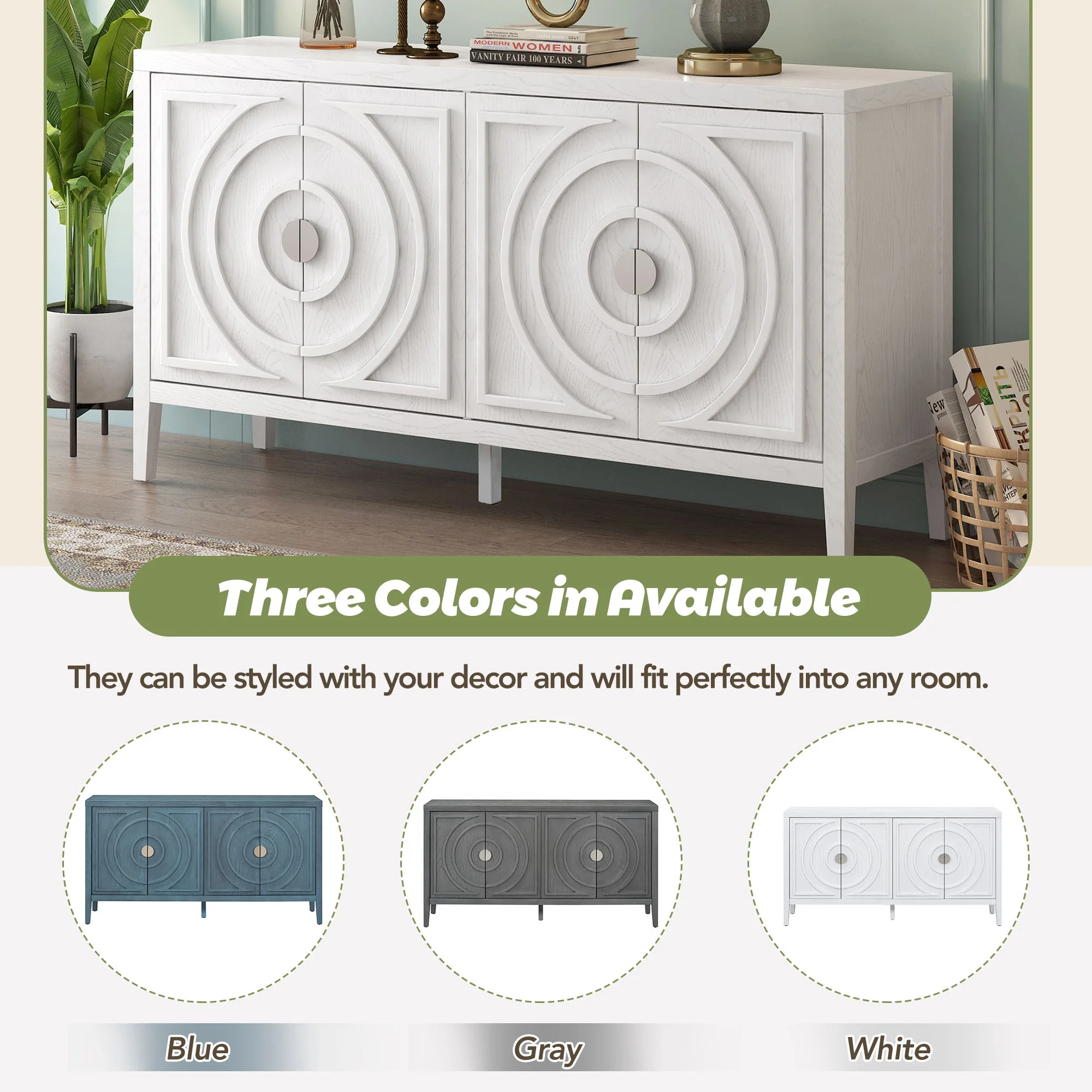Accent Cabinet with 4 Doors, Wooden Buffet Sideboard with Adjustable Shelves, Modern Console Table, Storage Accent Cabinet for Kitchen Living Room Entryway Hallway, 60"L x 15.9"W x 32.1"H, White