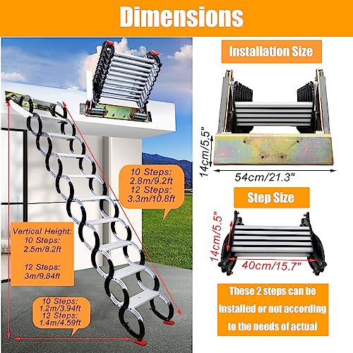TECHTONGDA Folding Loft Ladder, 9.8 ft Wall Mounted Telescopic Folding Attic Ladder, Al-Mg Alloy Pull Down Attic Stairs with Adjustable Height, 660LB Load Capacity, Ideal for Narrow Wall Installation