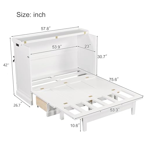 P PURLOVE Queen Size Murphy Bed Cabinet,Chest Cube Cabinet Bed with Charging Station and Large Storage Drawer,Space Saving Wall Bed for Living Room,White