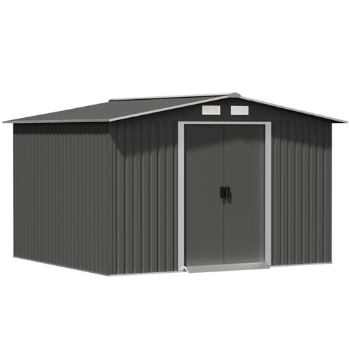 10' x 10' Outdoor Storage Shed, Garden Tool Shed with Double Sliding Door and Sloping Roof, Metal Shed House for Backyard Patio Lawn to Store Utility and Tools, Gray