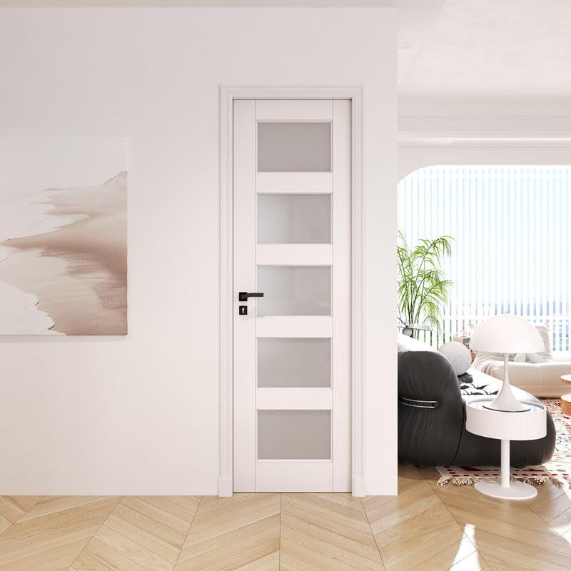 24" x 80" Slab Doors 5-Lite Tempered Frosted Glass Interior French Door, Soild MDF Door PVC Surface Single Panel Slab for Living Room Pantry Laundry Easy Assembly - without Hardware