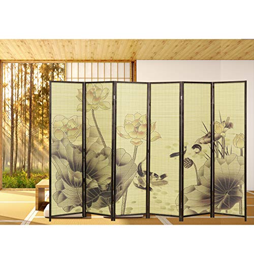MyGift 4-Panel Folding Bamboo Room Divider Asian-Inspired Cherry Blossom Scene, 6 FT Freestanding Floral Artwork Room Partitioner with Beige Wood Frame