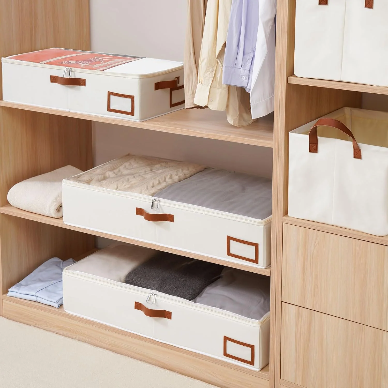 Under Bed Storage, 2 Pack Underbed Storage Box, Collapsible Storage Bag, with Sorting card slot and 4 Leather Handles, for Blanket, Bedding, 23.6''Lx11.8''Wx6''H, Beige