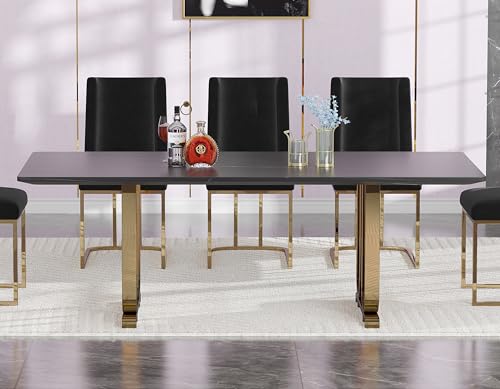 Faux Marble Dining Table for 6 Person, 63" Marble Kitchen Table with Craft Glass Tabletop and Black Legs, Luxury Large Long Dining Room Table for Home Kitchen Office (Table Only)