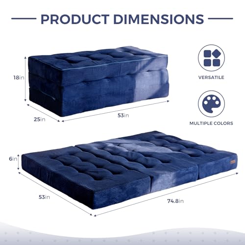 MAXYOYO Tri-Fold Mattress, 6 Inch Tufted Folding Mattress Full Foam Bed, Foldable Floor Mattress Guest Bed Mattress Topper Portable Camping Sleeping Bed with Corded Fabric, Black, 53"x75"