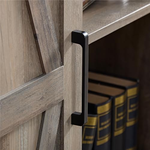 Farmhouse Wooden Tall Storage Cabinet Barn Door Pantry Kitchen Storage Furniture Home Drawer Rack with Doors and Open Shelves for Kitchen Living Room Bedroom (Gray Wash)