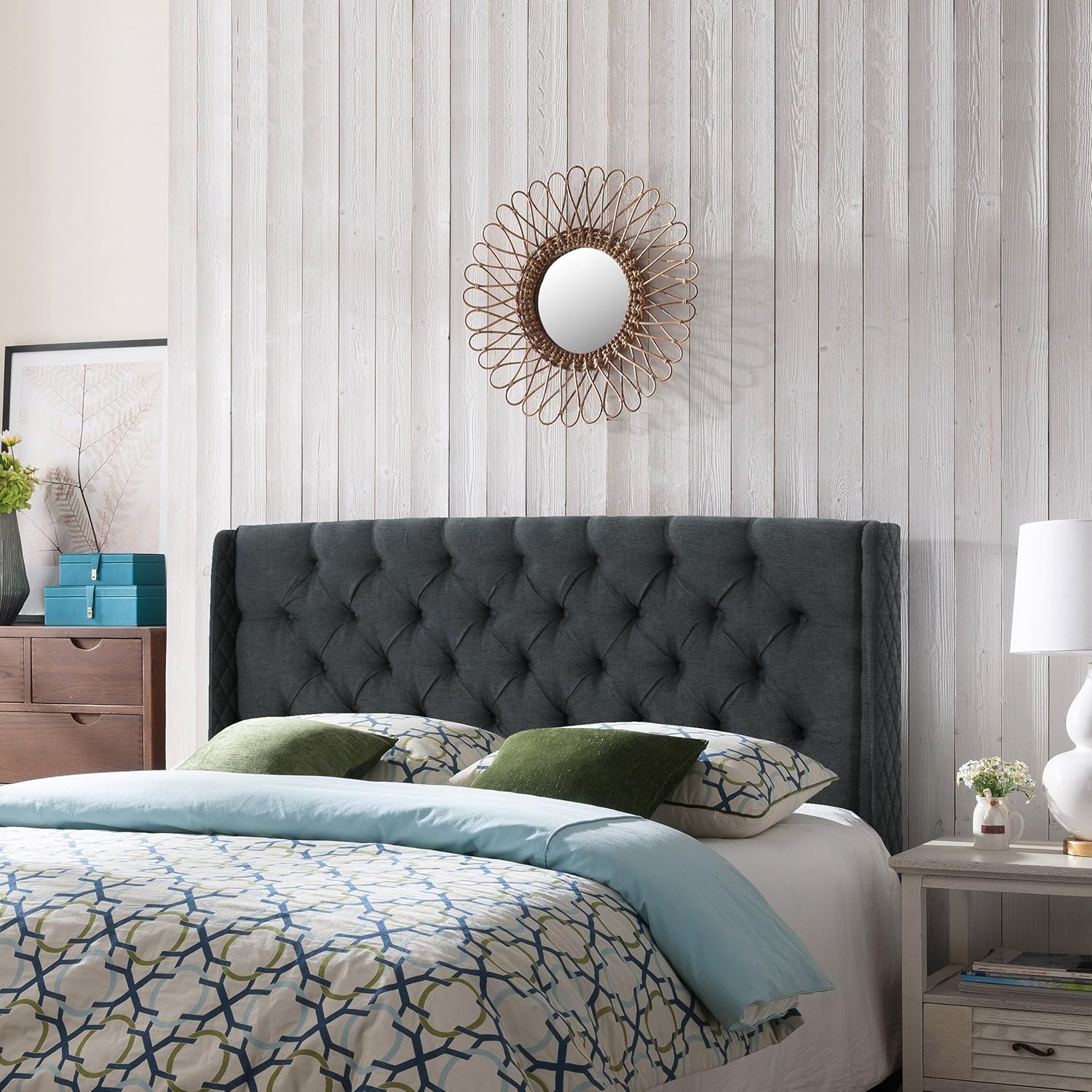 Christopher Knight Home Lidia Wingback Tufted Fabric Headboard, Queen / Full, Dark Gray / Black