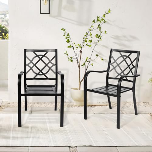 SUNCROWN 5-Piece Outdoor Wrought Iron Chairs and Table Patio Dining Furniture Set - 4 Stackable Metal Chairs, 1 Steel Slat Bistro Table for Garden Backyard Deck