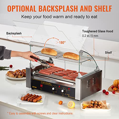 VEVOR Hot Dog Roller, 12 Hot Dog Capacity 5 Rollers, 750W Stainless Steel Cook Warmer Machine with Dual Temp Control, LED Light and Detachable Drip Tray, Sausage Grill Cooker for Kitchen Restaurant