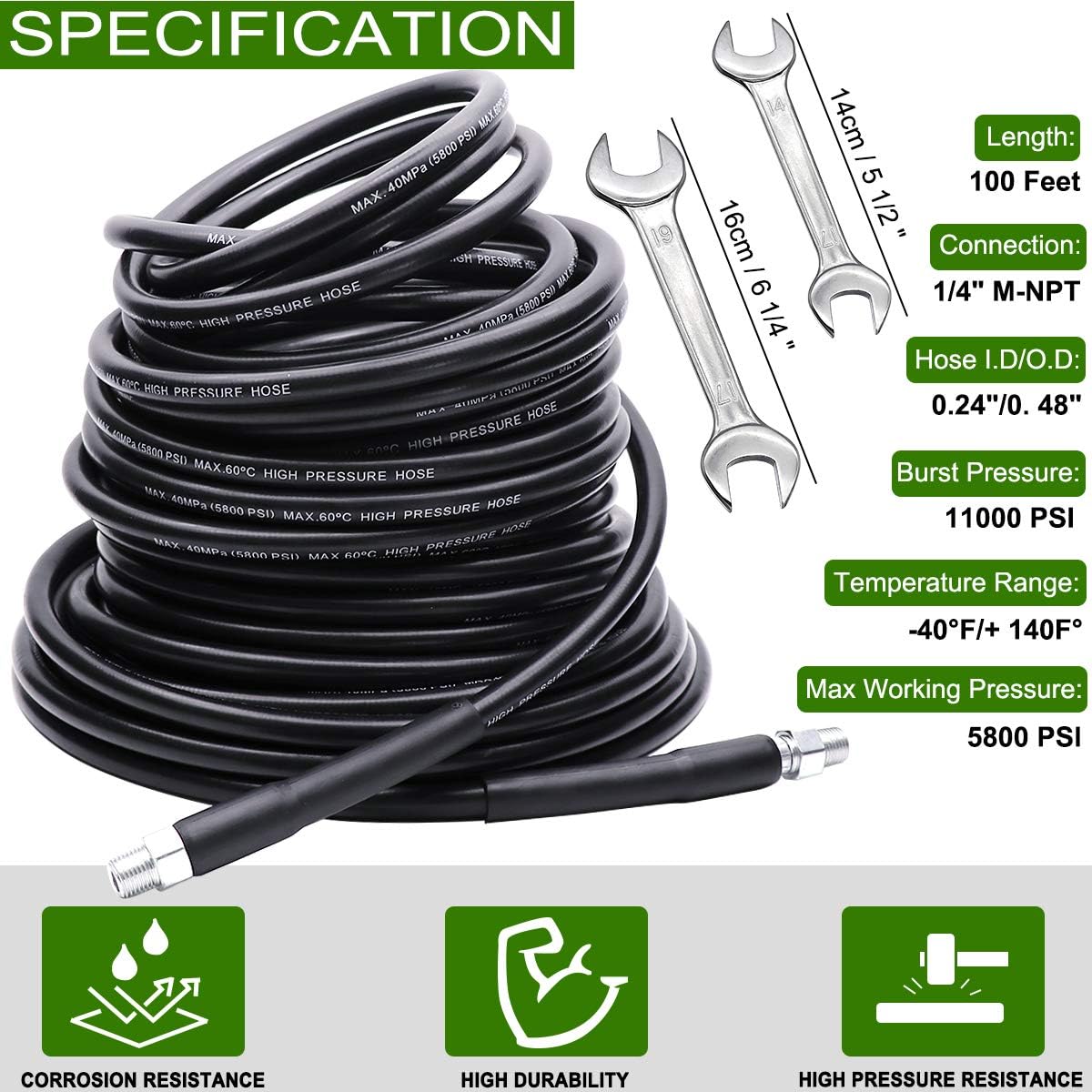Sewer Jetter Kit 100FT for Pressure Washer, 5800PSI Drain Cleaner Hose 1/4 Inch NPT, Corner, Rotating and Button Nose Sewer Jetting Nozzle Spanner Waterproof Tape Pearl Corsage Pin Pack of 2
