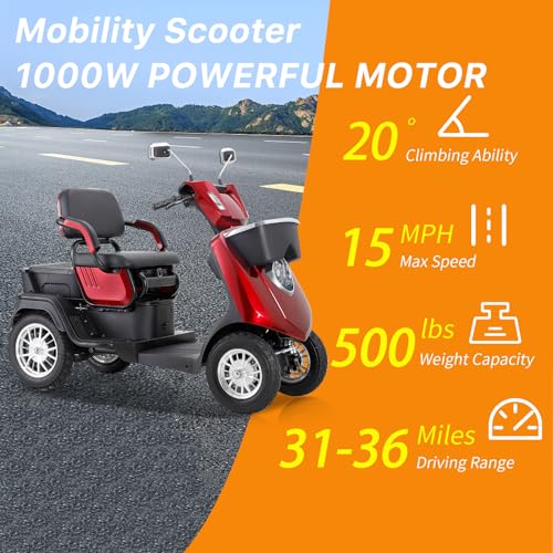All Terrain Mobility Scooter, Heavy-Duty 4 Wheel Mobility Scooters for Seniors & Adults 500lbs Capacity, 1000W Powered Mobility Scooters with Convertible 2-Seat, 3-Speed Mode, Red (Style Red 1)