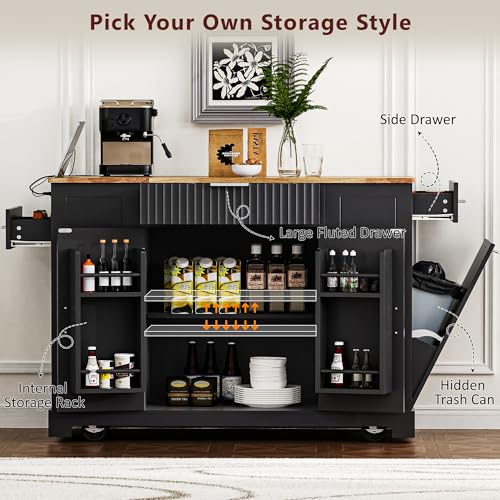 60" Kitchen Island with Drop Leaf and Power Outlet, Rolling Kitchen Cart on Wheels with Trash Can Storage Cabinet, Spice Rack, Towel Rack and Adjustable Shelf for Dining Room