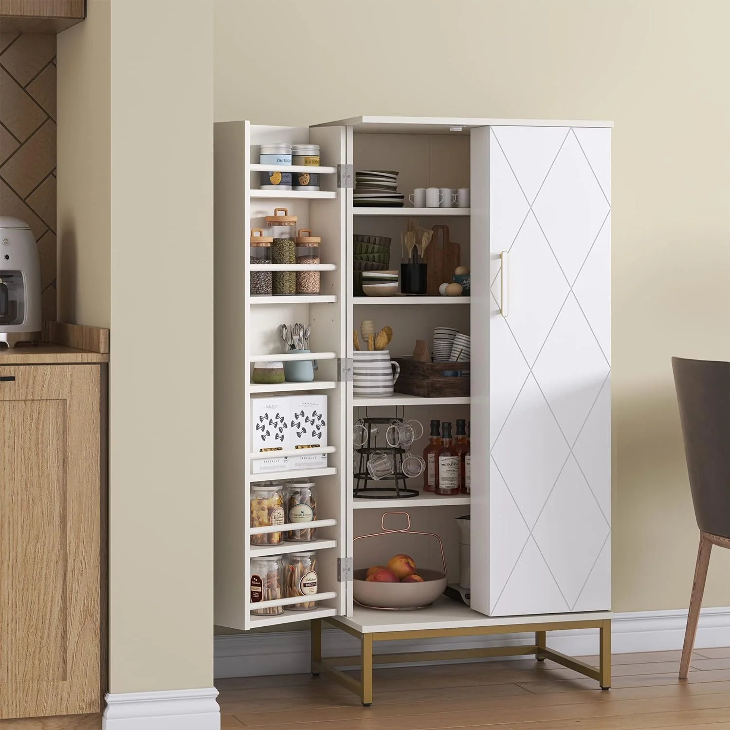 51” Pantry Cabinets, White Freestanding Kitchen Pantry Storage Cabinet with Adjustable Shelves, Buffet Cupboards Storage Cabinet for Home Office Use, White + Gold