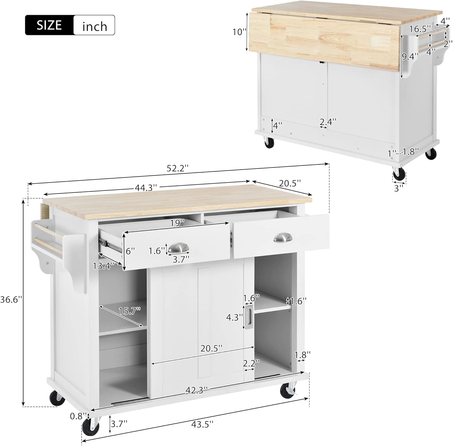 LUMISOL Mobile Kitchen Island Cart with Spice Rack and Towel Rack, Rolling Kitchen Island with Drop Leaf, 2 Drawers and Sliding Barn Doors