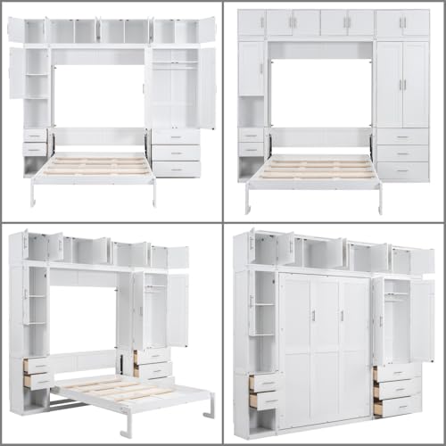 Merax Full Size Murphy Bed Cabinet with Lockers and Storage Wardrobes Shelves, Wood Foldable Hidden Wall Platform Bedframe Chest for Home, Bedroom, Office, Small Room, Apartment