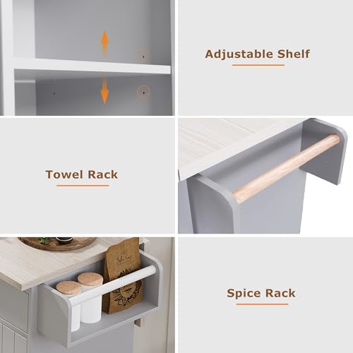 60" Kitchen Island with Drop Leaf and Power Outlet, Rolling Kitchen Cart on Wheels with Trash Can Storage Cabinet, Spice Rack, Towel Rack and Adjustable Shelf for Dining Room