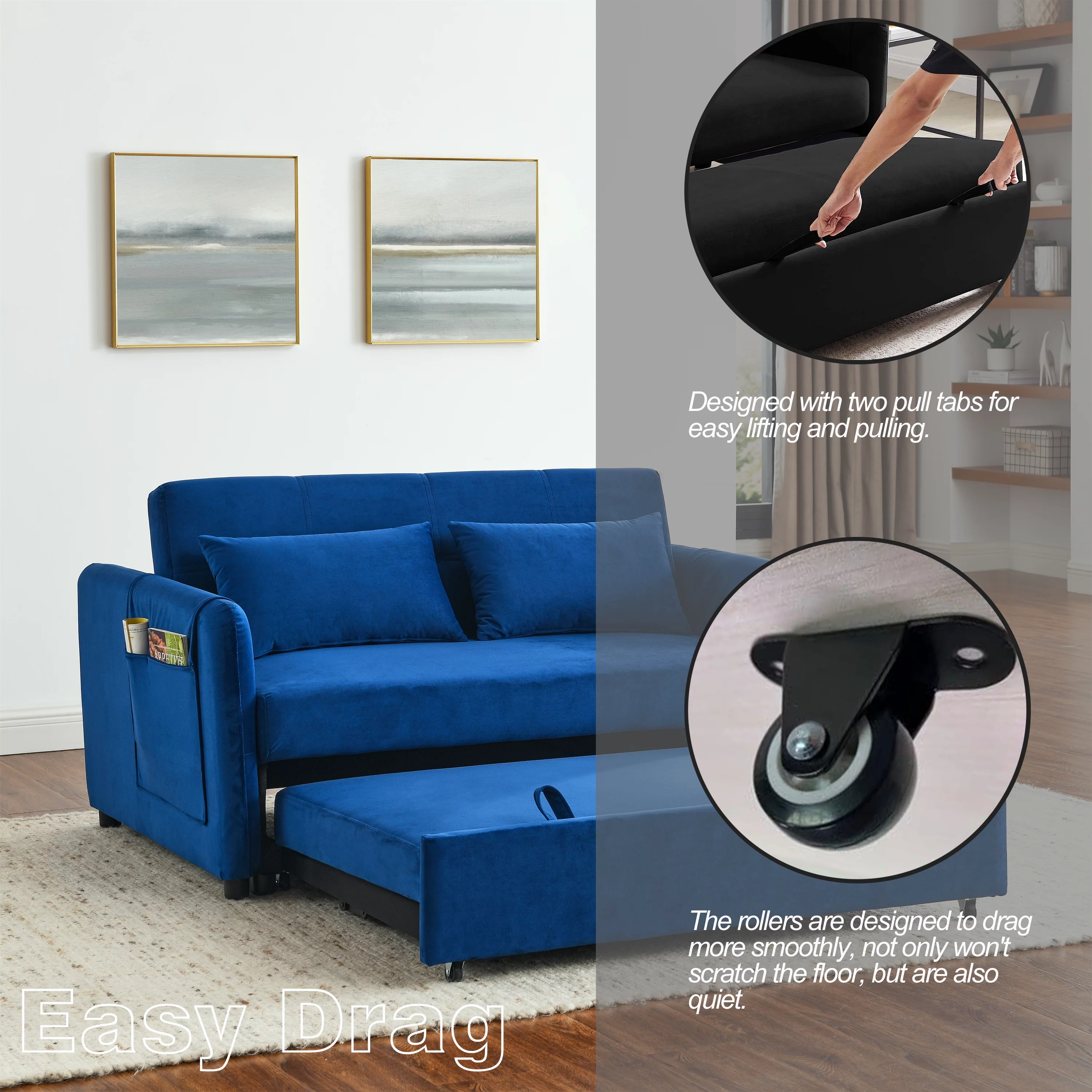 Modern Velvet Pull Out Convertible Sleeper Sofa Bed, Folding Loveseat Futon Couch with Adjustable Backrest Lumbar Pillows for Living Room Bedroom Office - Curated Treasures Market