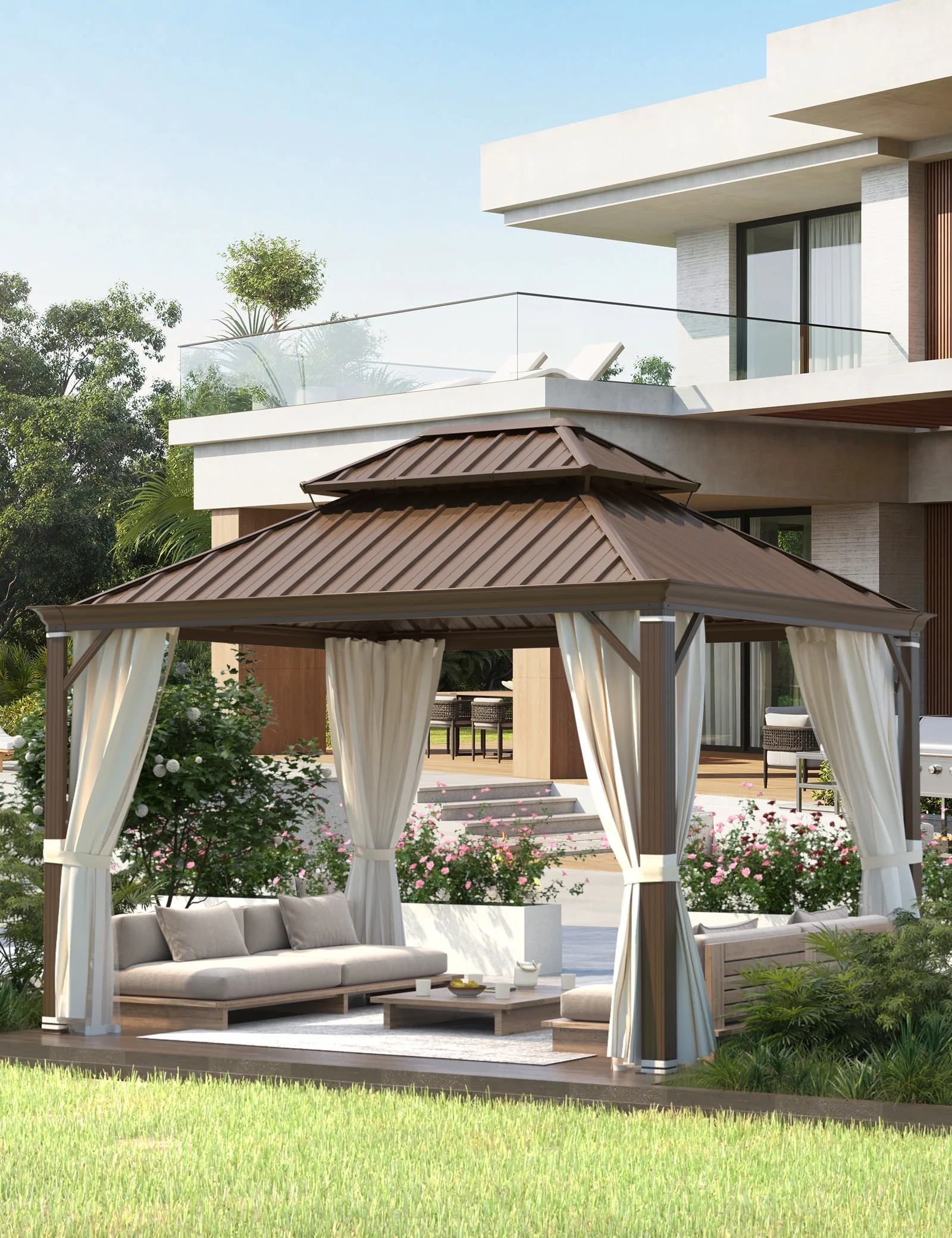 Richryce 10' X 12' Hardtop Gazebo Aluminum Frame Gazebo with Galvanized Steel Double Roof - Curated Treasures Market