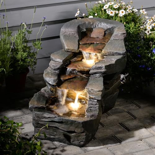 37" L Garden Outdoor Water Fountain, Floor Standing 5-Tiers Rock Natural Waterfall Outdoor Fountains with LED Lights for Patio, Porch, Home Art Decor