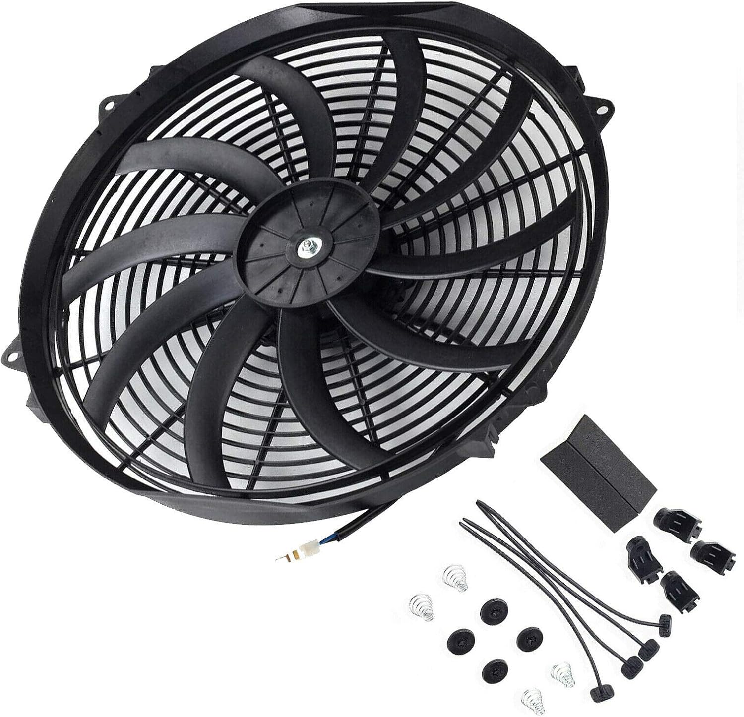 16" Slim Push Pull 12V Electric Radiator Cooling Fan with Adjustable Electric 12V Radiator Fan Thermostat Control Relay Wire Kit For Car Truck Pack of 2