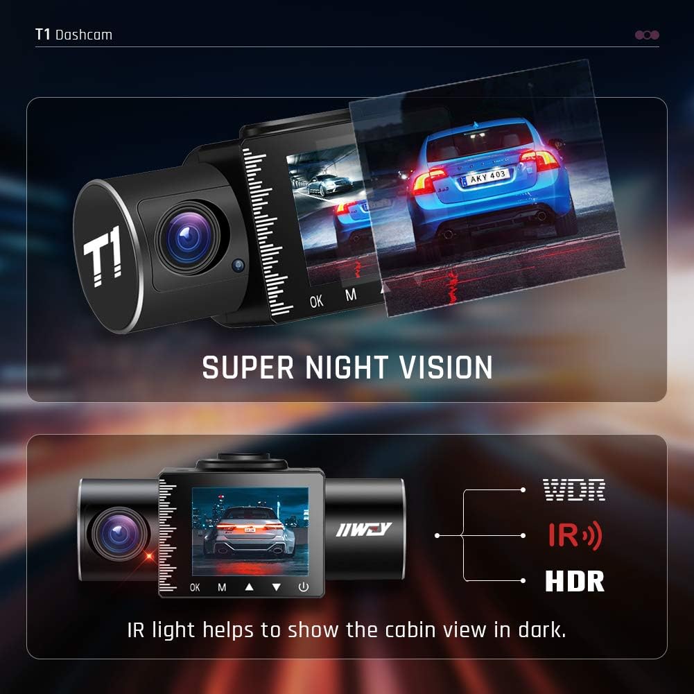 iiwey Dash Cam Front Rear and Inside 1080P Three Channels with IR Night Vision Car Camera SD Card Included Dashboard Camera Dashcam for Cars HDR Motion Detection and G-Sensor for Car, Taxi, Uber