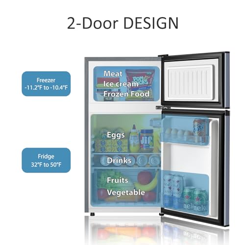 Saeoola Mini Fridge with Freezer, 3.2 Cu.Ft, 2 Doors Compact Mini Refrigerator with Separate Freezer for Dorm, Bedroom, Office, Apartment with 7-Level Temperature Control, Removable Shelves