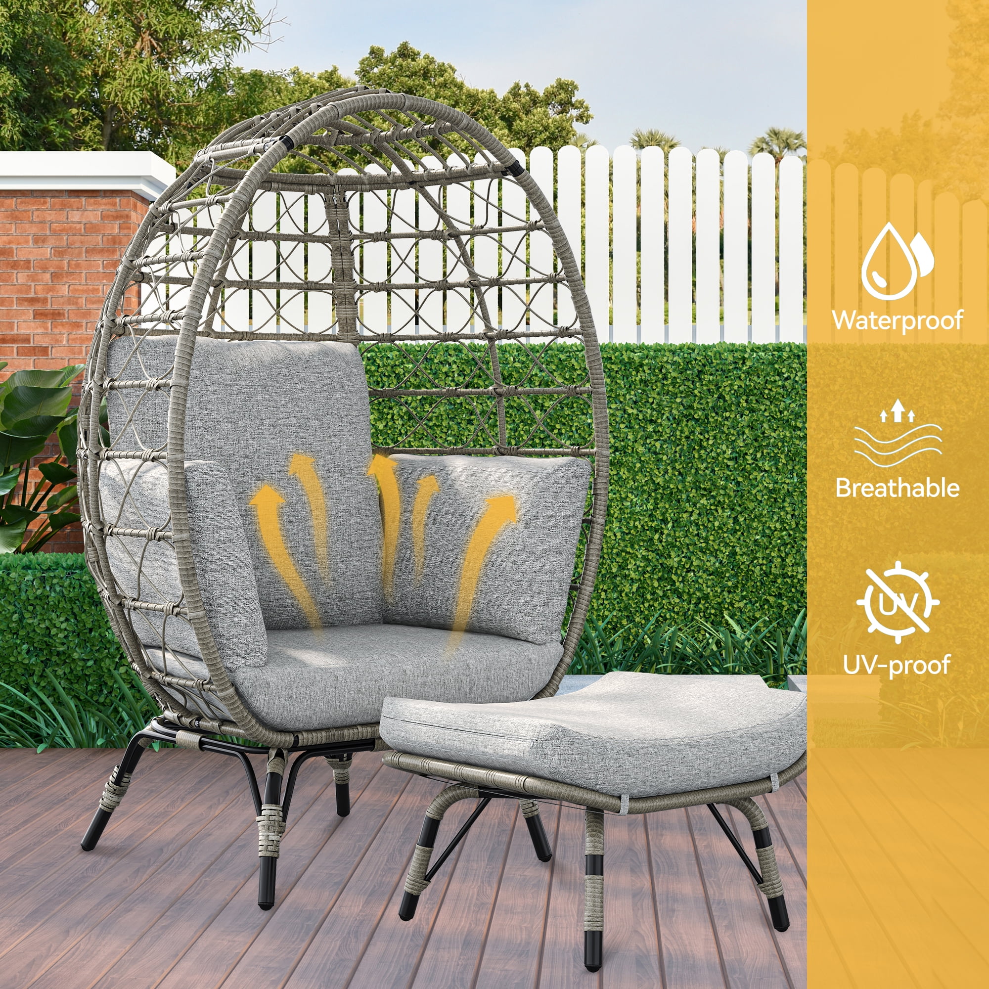 Dextrus Egg Chair with Stand Outdoor Egg Lounge Chair with Cushion Wicker Chair PE Rattan Chair Ottoman Included for Patio, Garden, Backyard, Porch, Gray