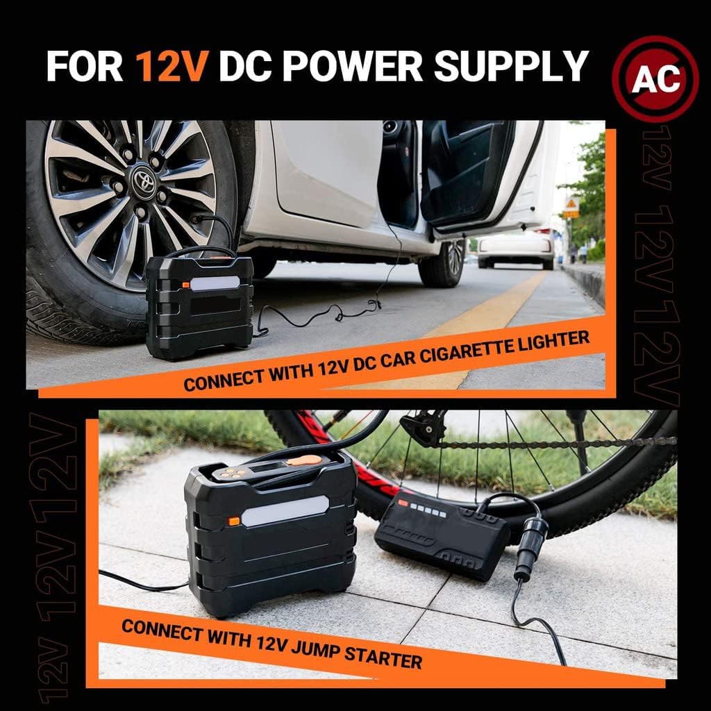 Car Tire Inflator 12V DC Portable Air Compressor with 3 LED Lights | Orange 2Pcs Pack of 2