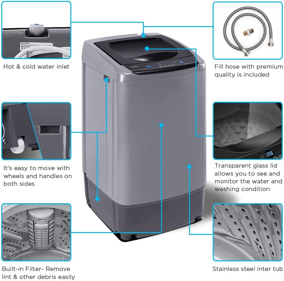 COMFEE' Portable Washing Machine, 0.9 cu.ft Compact Washer, Magnetic Gray & Honey-Can-Do Tripod Clothes Drying Rack, 30 lbs (DRY-02118)