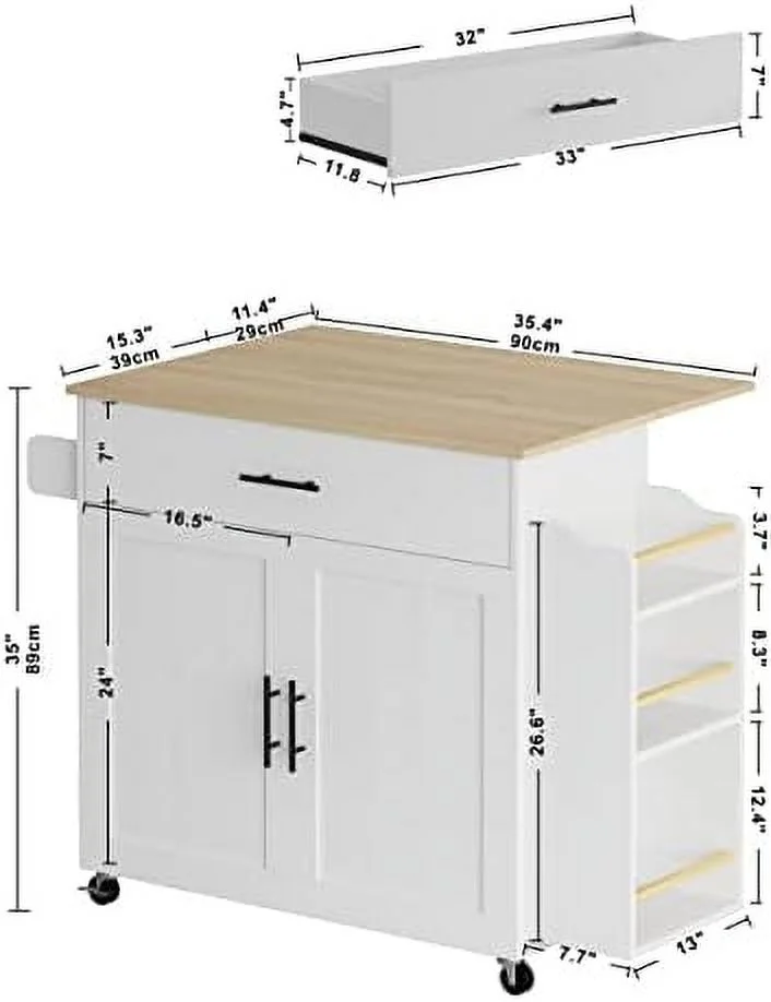 SQCFVGB Kitchen Island with   Rolling Kitchen Island on Wheels with Drop Leaf  3 Open Spice Rack   Door Cabinet  Drawer  Kitchen Cart Island Table for Kitchen  White - Curated Treasures Market