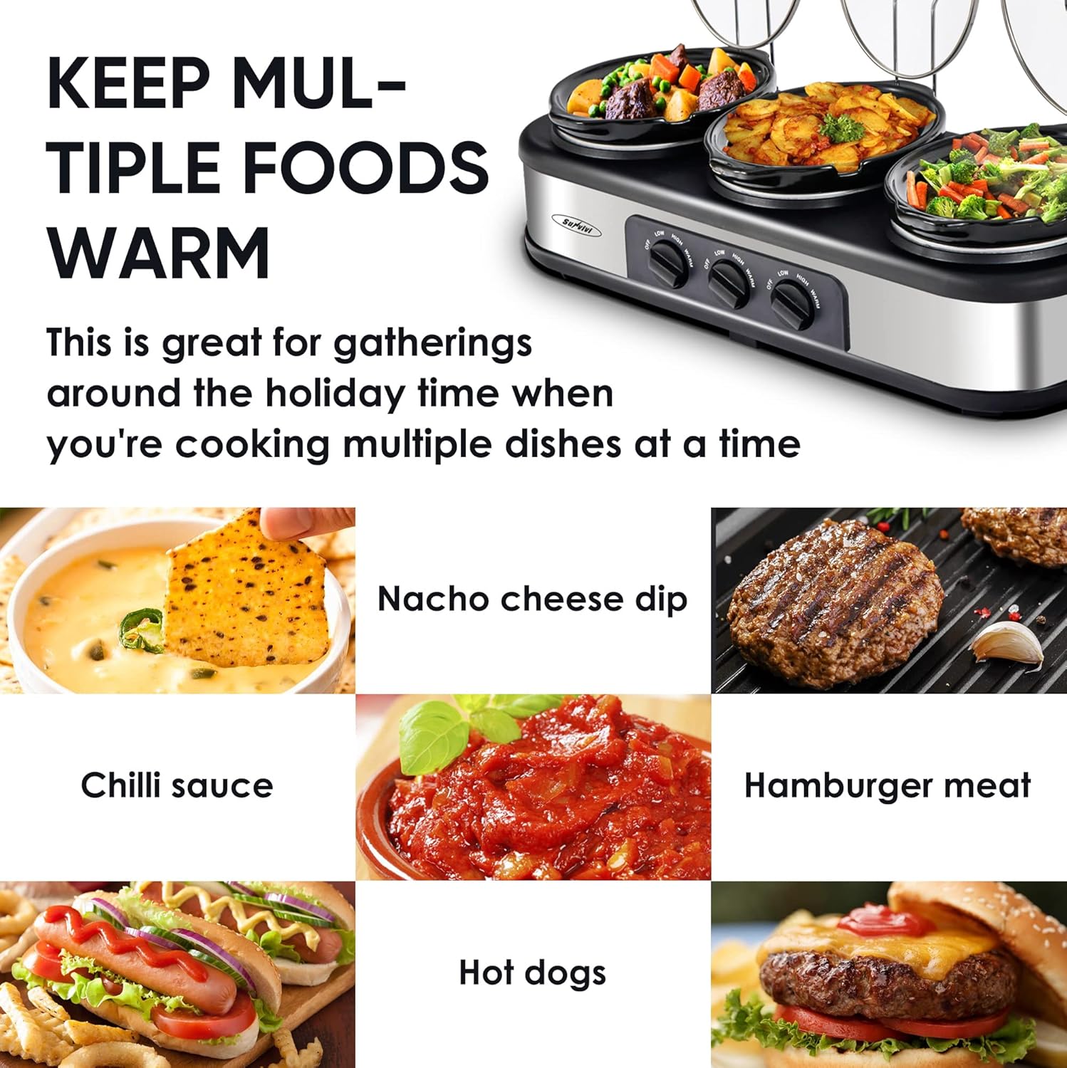 Sunvivi Triple Slow Cookers Silver and Red Color, Slow Cooker Mini Crock Pot for Dips, Food Warmers Buffet Server Stainless Sliver