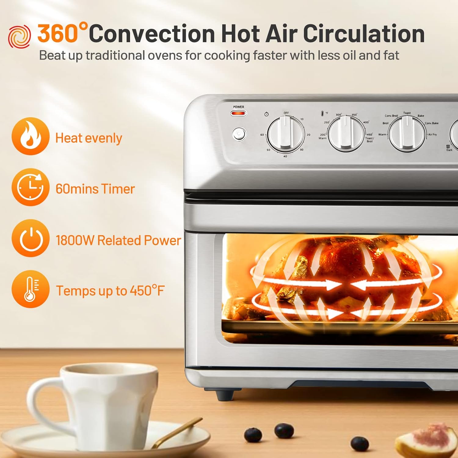 21.5 QT Air Fryer Toaster Oven, 7-in-1 Air Fryer Oven Combo w/Timer, Auto Shut-off, Accessories Recipe, Stainless Steel Convection Countertop Oven for Bake, Broil, Toast, Reheat, Fry