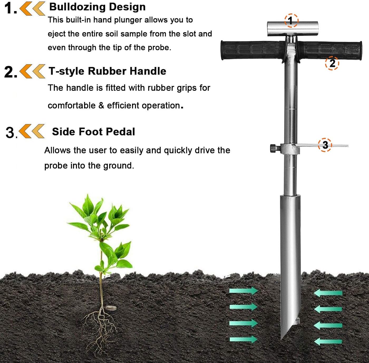 40" Soil Sampler Probe Rod with Sample Ejector, Soil Probe Sampler 304 Stainless Probe Step Tube with Foot Pedal T-Style Handle Soil Probes for Soil Sampling, Lab Garden Soil Test Tool Scaled Kit
