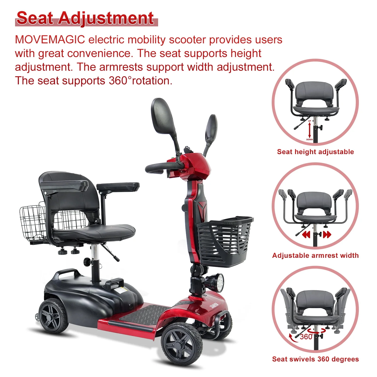 Mihayo 25 Mile Range Travel Foldable Electric Mobility Scooters for Adults,4 Wheel Power Motorized Scooter for Seniors 4-Piece Set 330 lbs Weight Capacity,Red Mirage S1