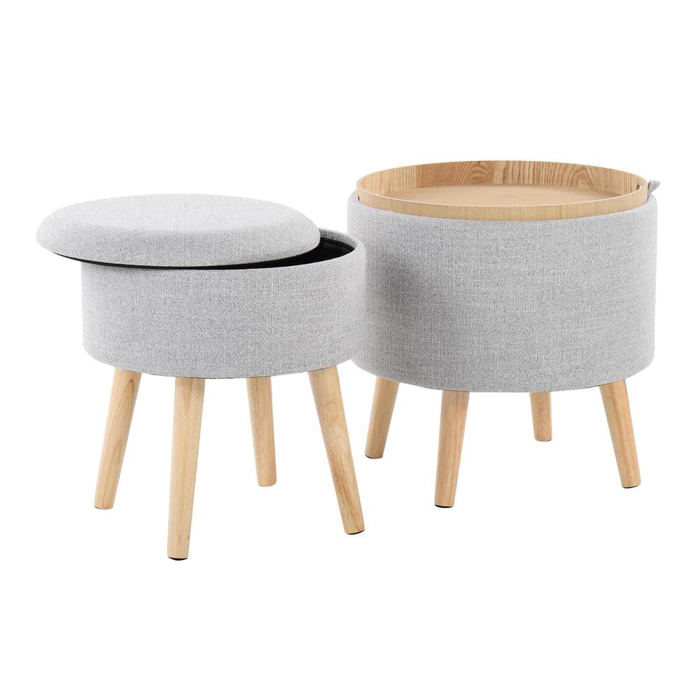 Lumisource Tray Contemporary Storage Ottoman with Matching Stool in Light Grey Fabric and Natural Wood Legs