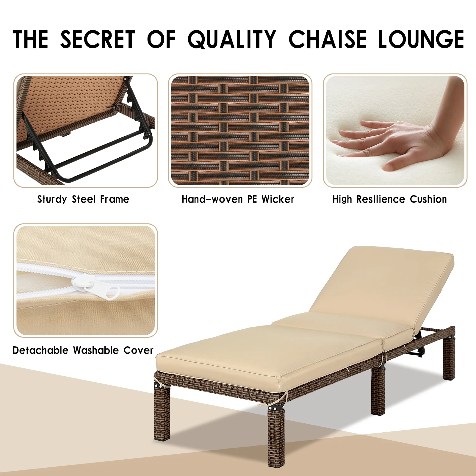Magic Union Outdoor Rattan Wicker Chaise Lounge Chair with Adjustable Backrest & Cushion, Set of 2-Khaki