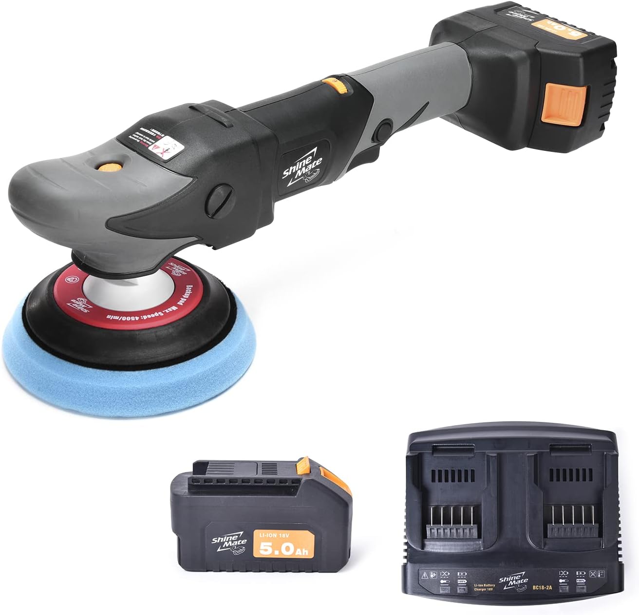 ShineMate Cordless Rotary Polisher Kit 5 Inch For Car Detailing,Wireless Buffer Polisher With 2 Pcs Li-Ion Batteries 18v 5Ah, 6 Variable Speed