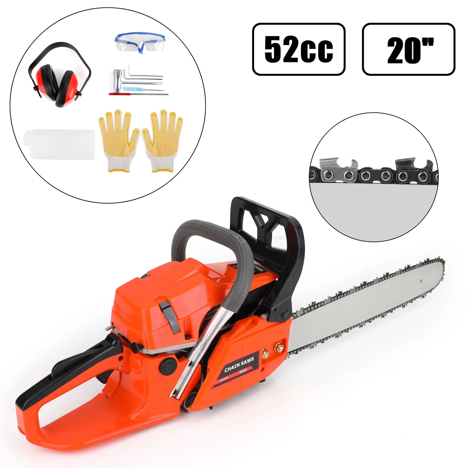 52cc Chainsaw 20inches Bar Powered Engine 2 Cycle Gasoline Chain Saw Orange - Curated Treasures Market