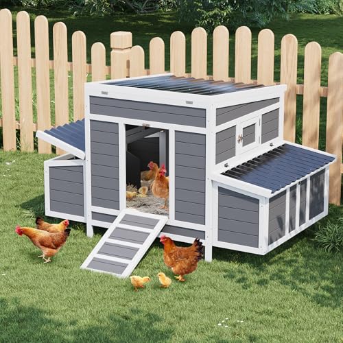 Wooden Chicken Coop, 54.41" x 34.49" x 34.05" Chicken Coop for 4-6 Chickens, with 2 Sides Large Nesting Boxes, Outdoor Poultry Cage Rabbit Cage with Ramps & Tray